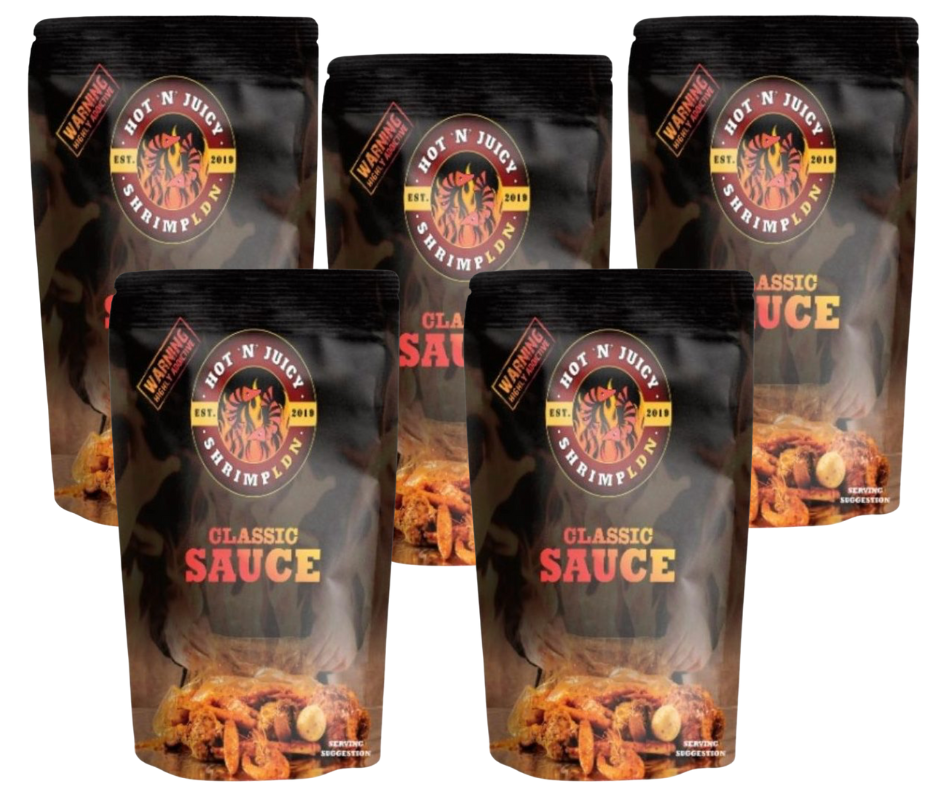 5 packs of Hot N Juicy Classic Sauce Pouches