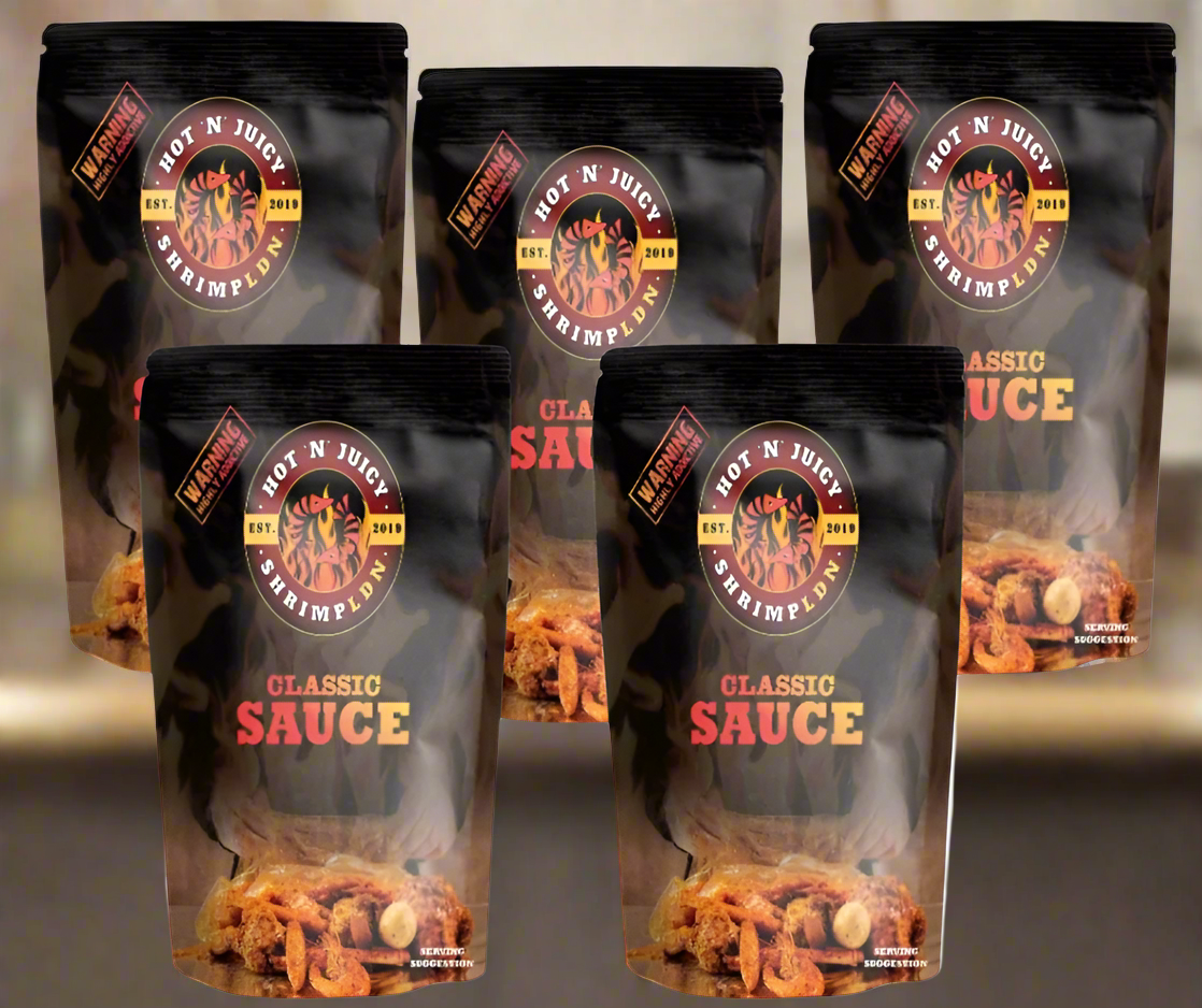 5 packs of Hot N Juicy Classic Sauce Pouches